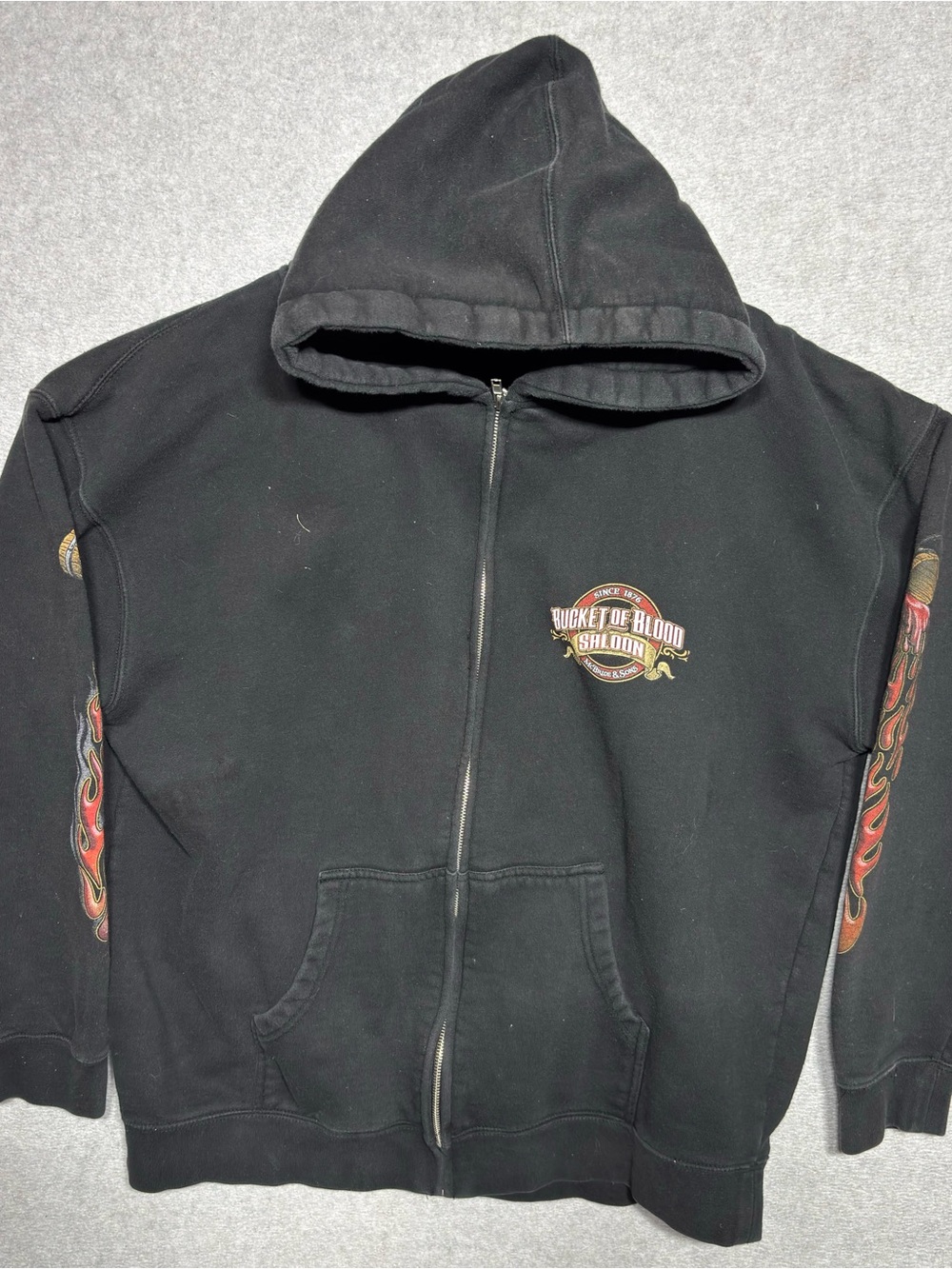 Black Full-Zip Hooded Windbreaker with Flame Sleeve Graphics